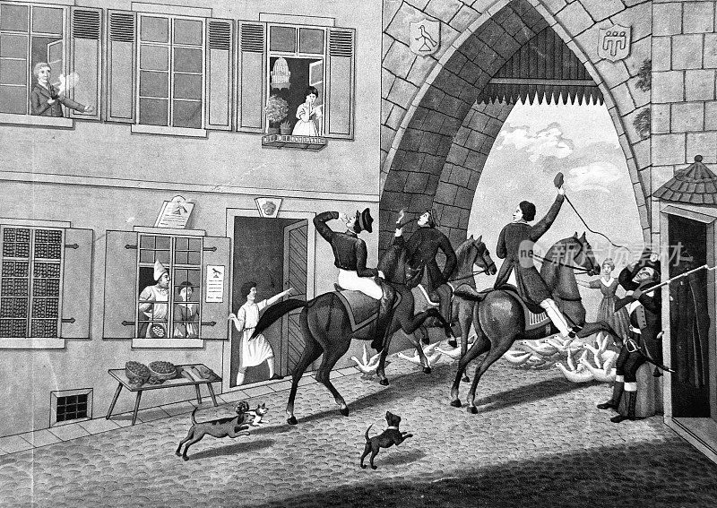Tübingen, Riding of the students at the city gate, 1840